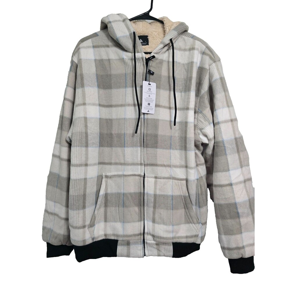 Zity Men’s Gray Plaid Sherpa Lined Hooded Jacket Coat Full Zip NWT